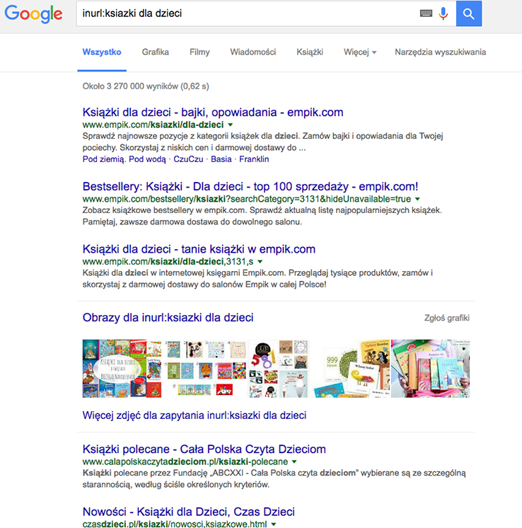 użycie operatora inurl