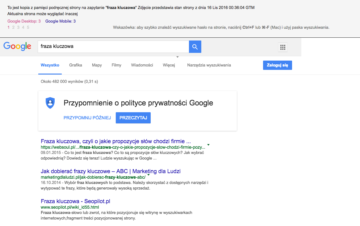 Cache wyszukiwarki - sprawdzenie pozycji strony