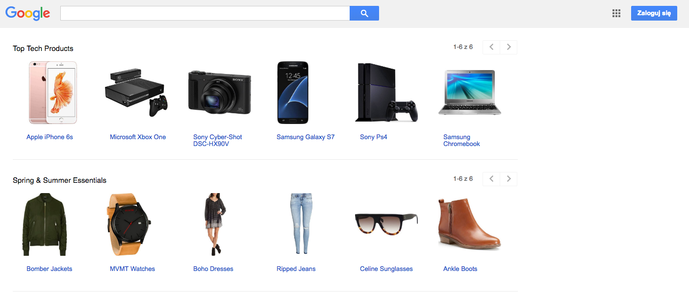 Zakładka Zakupy w polskiej wersji Google.