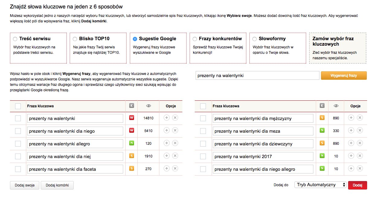 Generacja fraz kluczowych w SeoPilot. Frazy sezonowe