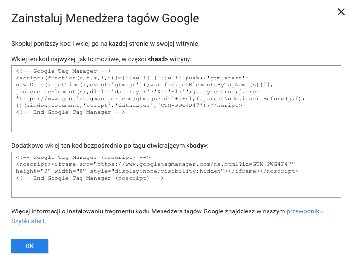 Instalacja kodu menedźera tagów Google
