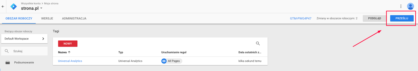 Publikacja zmian w Google tag manager