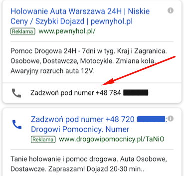 Reklama typu tylko połączenia: i Ogłoszenie z rozszerzeniem połączeń