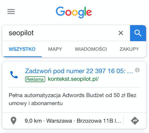 Format reklamy Adwords - tylko połączenia