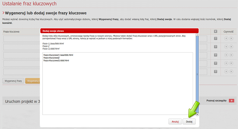 Dodawanie fraz kluczowych wraz z docelowymi adresami URL stron