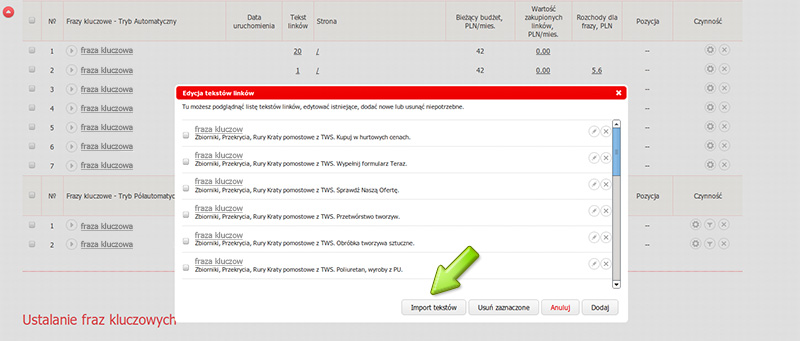 Grupowy import tekstów okołolinkowych