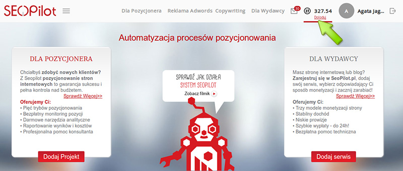 Doładowanie konta w Seopilot