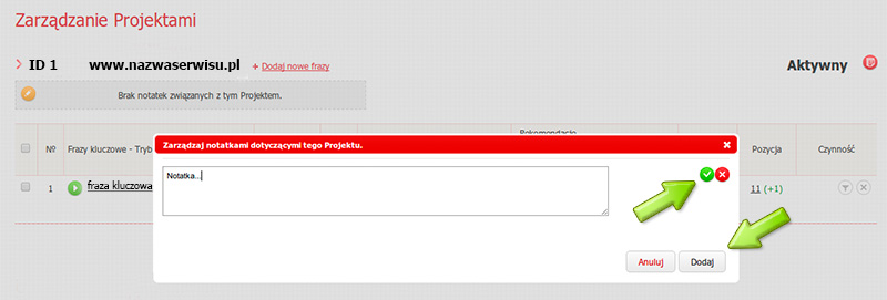 Dodawanie notatek dla projektu pozycjonera
