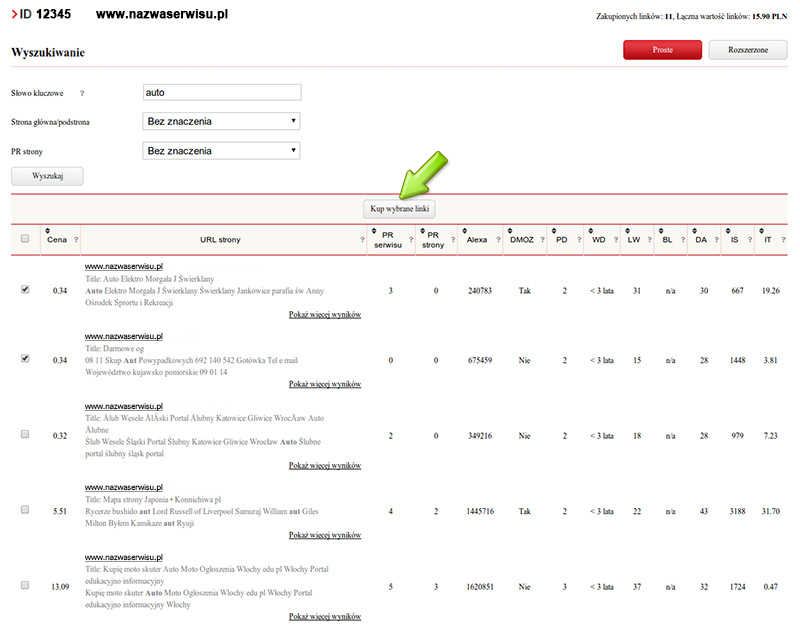 Wyszukiwanie stron pod rozmieszczenie linku