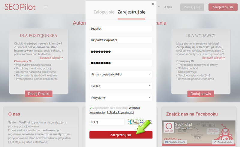 Formularz rejestracji w Seopilot