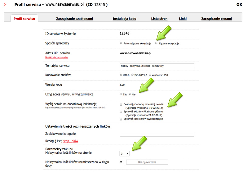 Zarządzanie ustawieniami serwisu w giełdzie