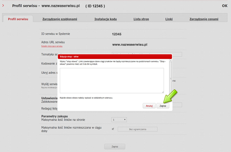 Funkcja stop-słów w giełdzie