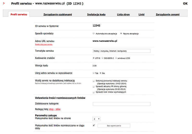 Profil serwisu w trybie giełda linków