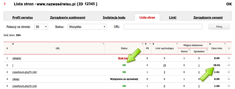 Lista stron w trybie giełda
