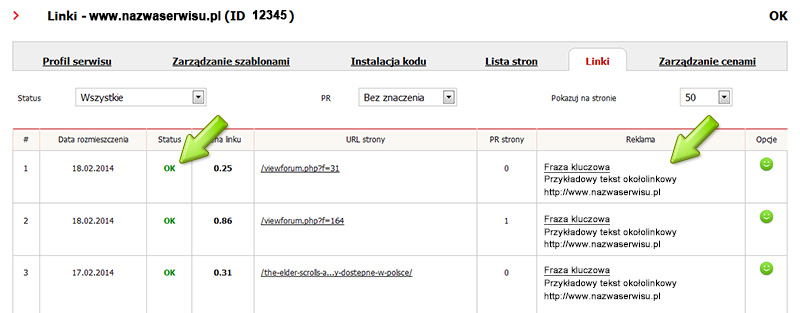 Lista rozmieszczonych linków w trybie giełda