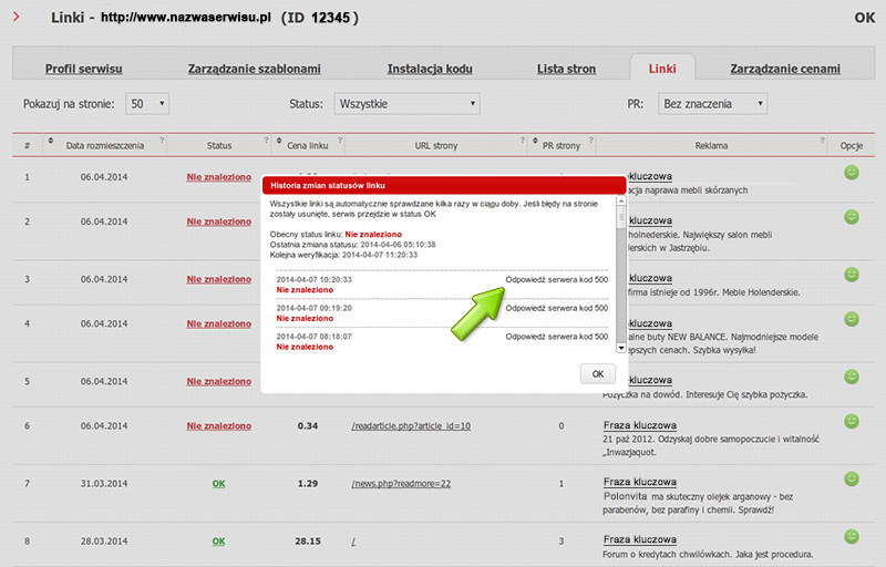 Historia statusów linków w giełdzie