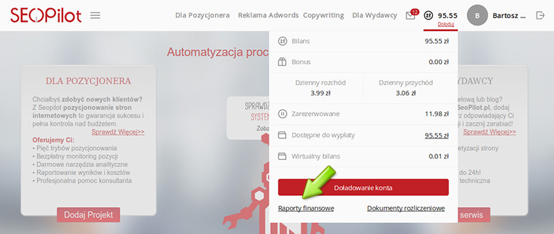 Historia operacji i rozliczeń w seopilot