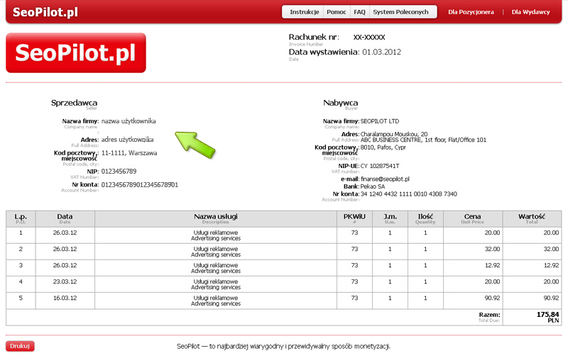 Faktura przy wpłacie środków